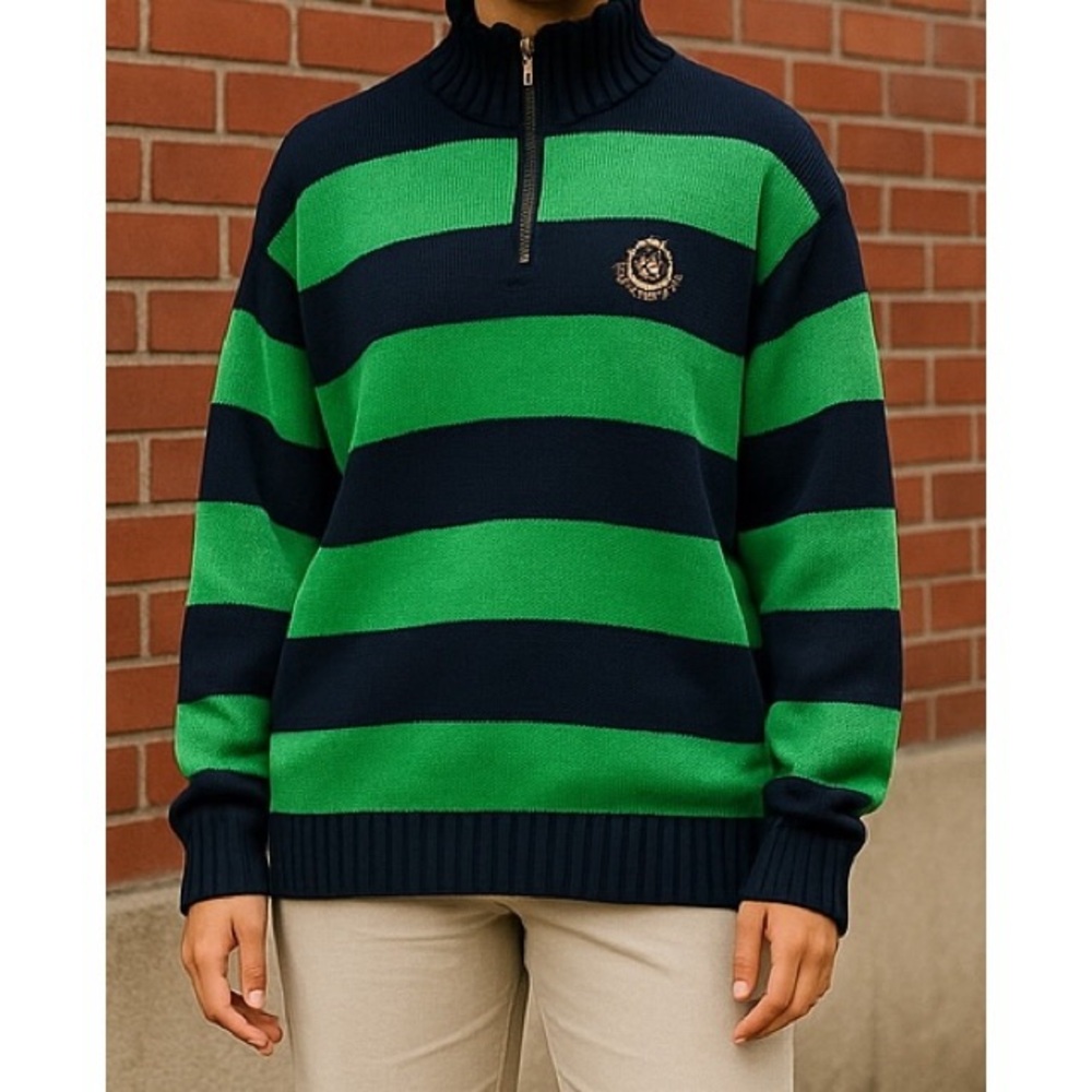 Lauren Ralph Lauren Large Green & Blue Stripe Knit 1/4 Zip Mock Neck Sweater